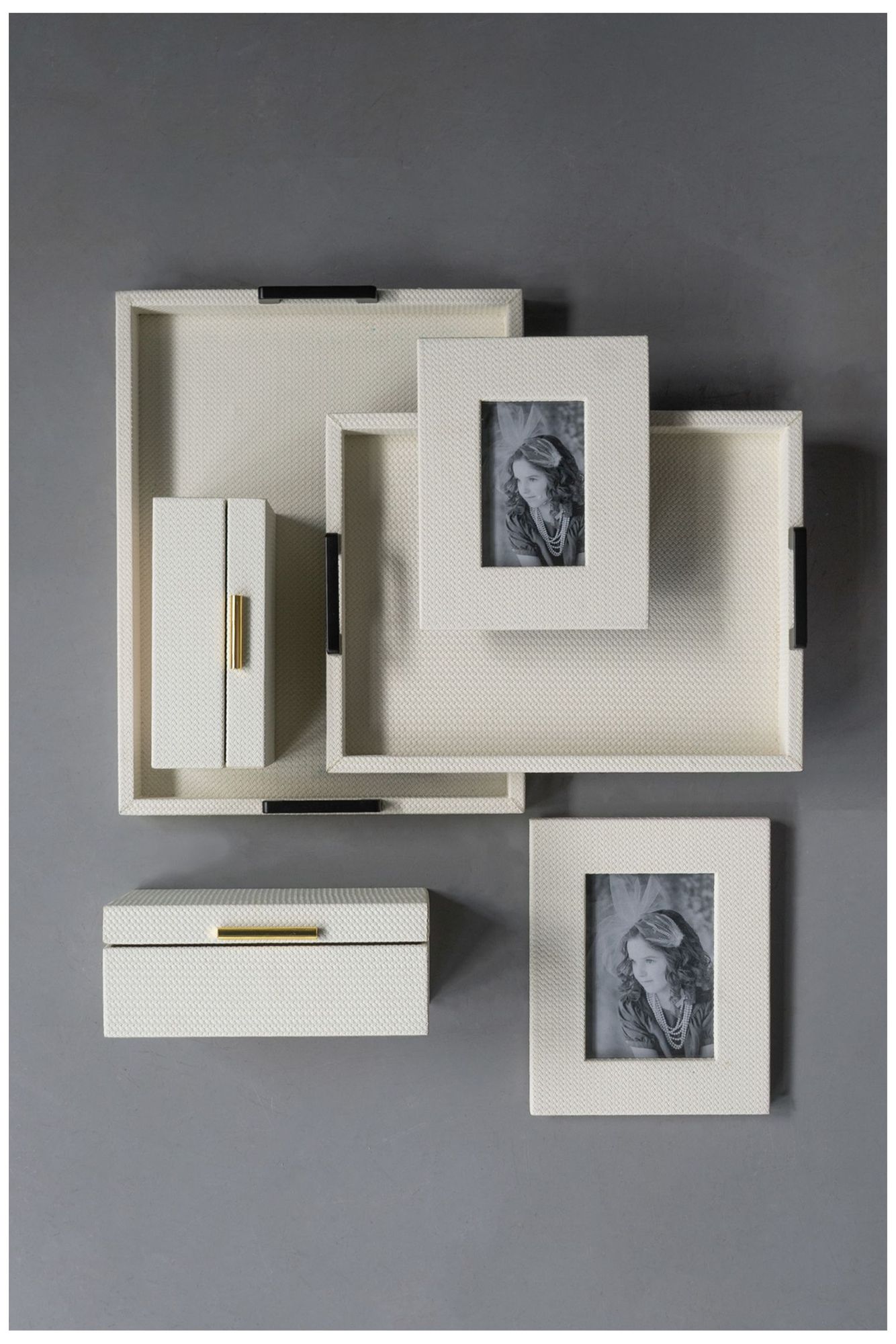Decorative Wooden Storage Boxes White Faux Leather Finish & Gold