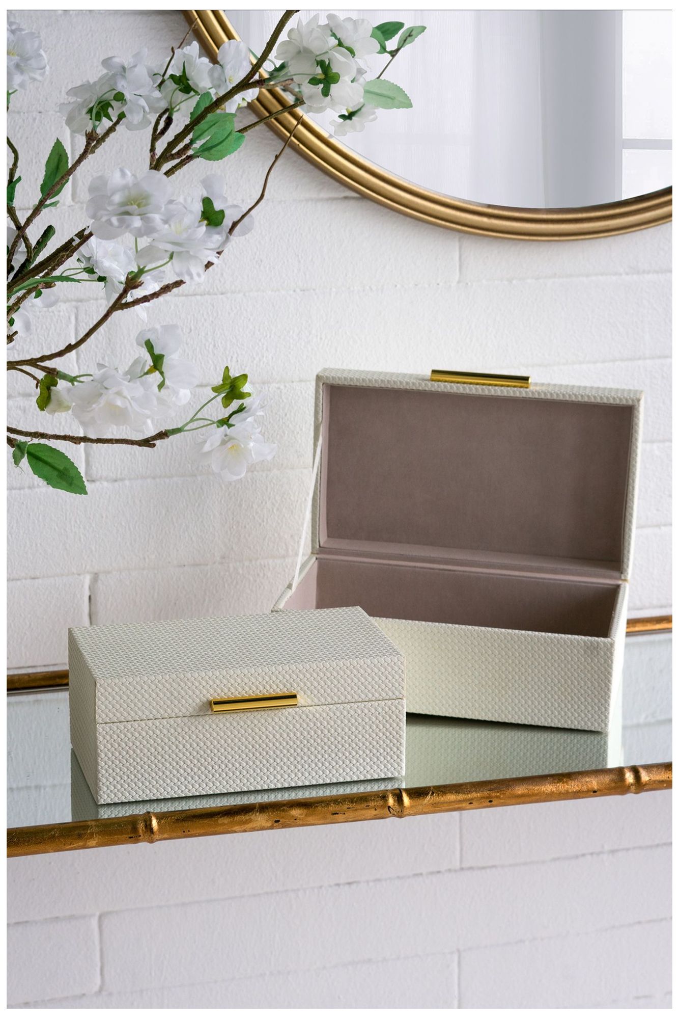 Decorative Wooden Storage Boxes White Faux Leather Finish & Gold