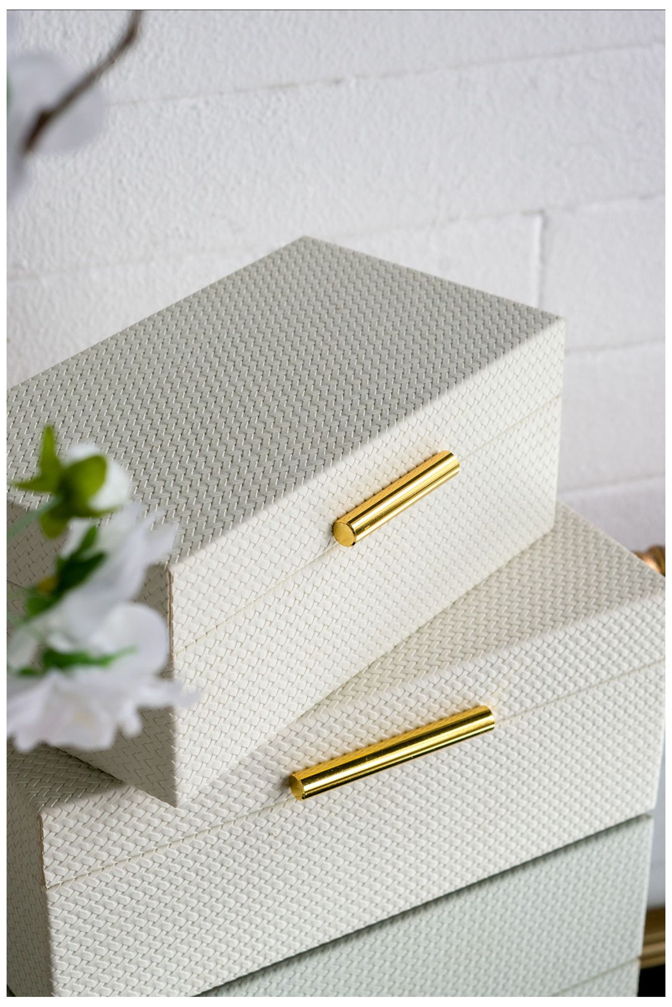 Decorative Wooden Storage Boxes White Faux Leather Finish & Gold