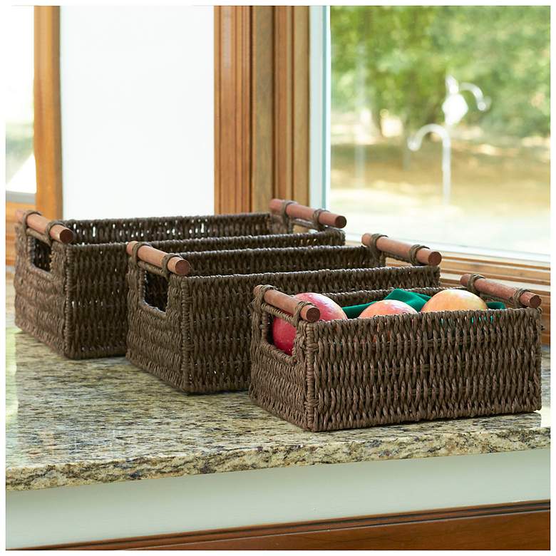 Image 1 Decorative Woven Baskets Set of 3 with Wood Handles and Metal Frame