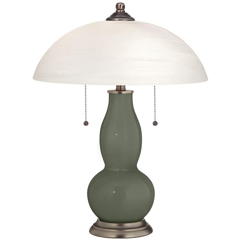 Image 1 Deep Lichen Green Gourd-Shaped Table Lamp with Alabaster Shade