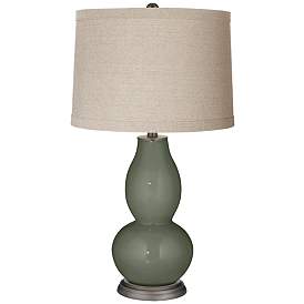 Image1 of Deep Lichen Green Linen Drum Shade Double Gourd Table Lamp