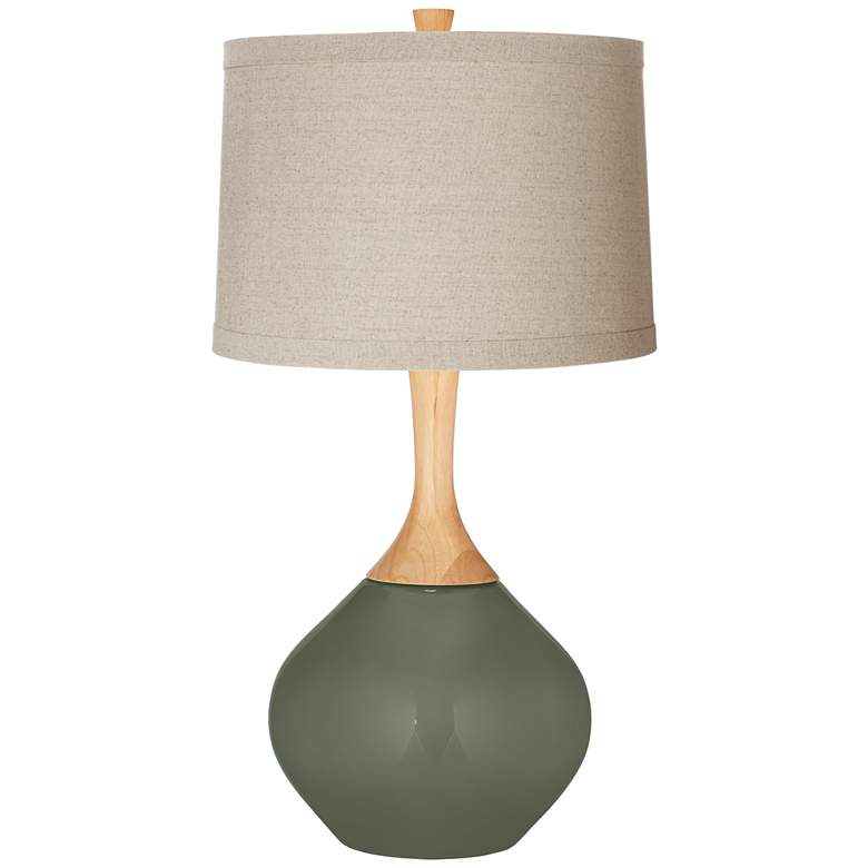 Image 1 Deep Lichen Green Natural Linen Drum Shade Wexler Table Lamp