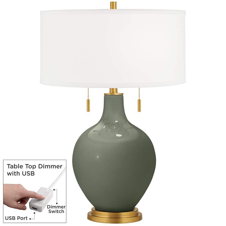 Image 1 Deep Lichen Green Toby Brass Accents Table Lamp with Dimmer