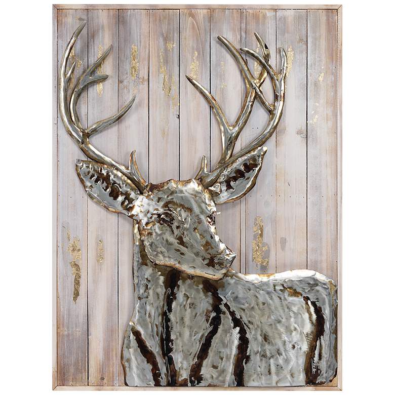 Image 2 Deer 1 40" High Iron Wall Sculpture on Wooden Wall Art