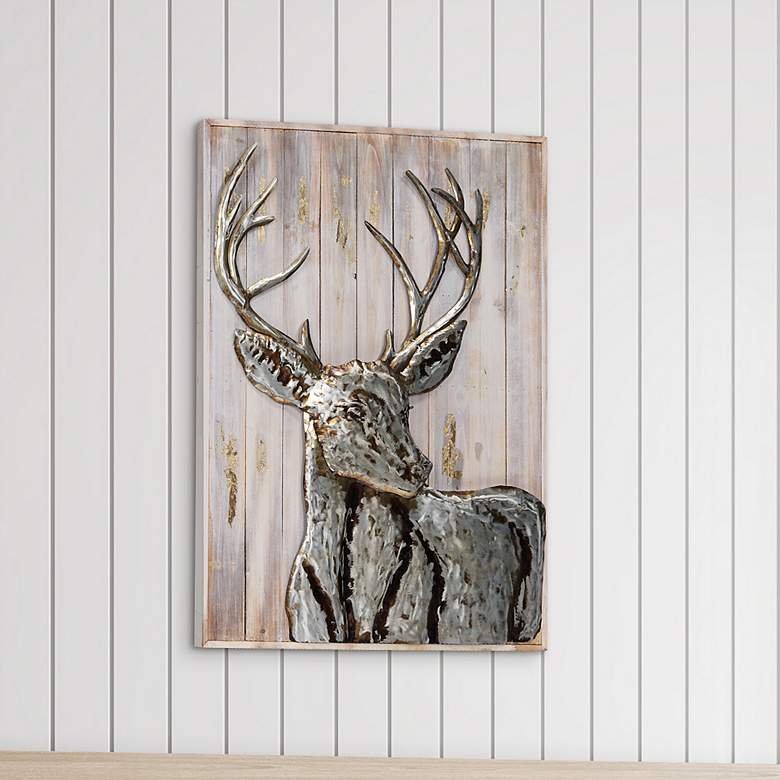 Image 1 Deer 1 40" High Iron Wall Sculpture on Wooden Wall Art
