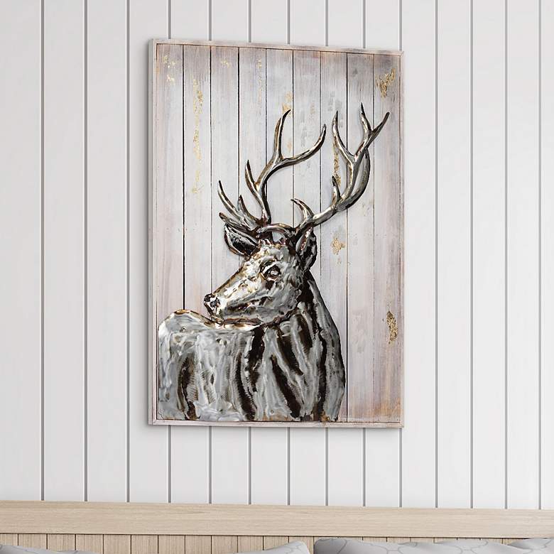 Image 1 Deer 2 40" High Iron Wall Sculpture on Wooden Wall Art