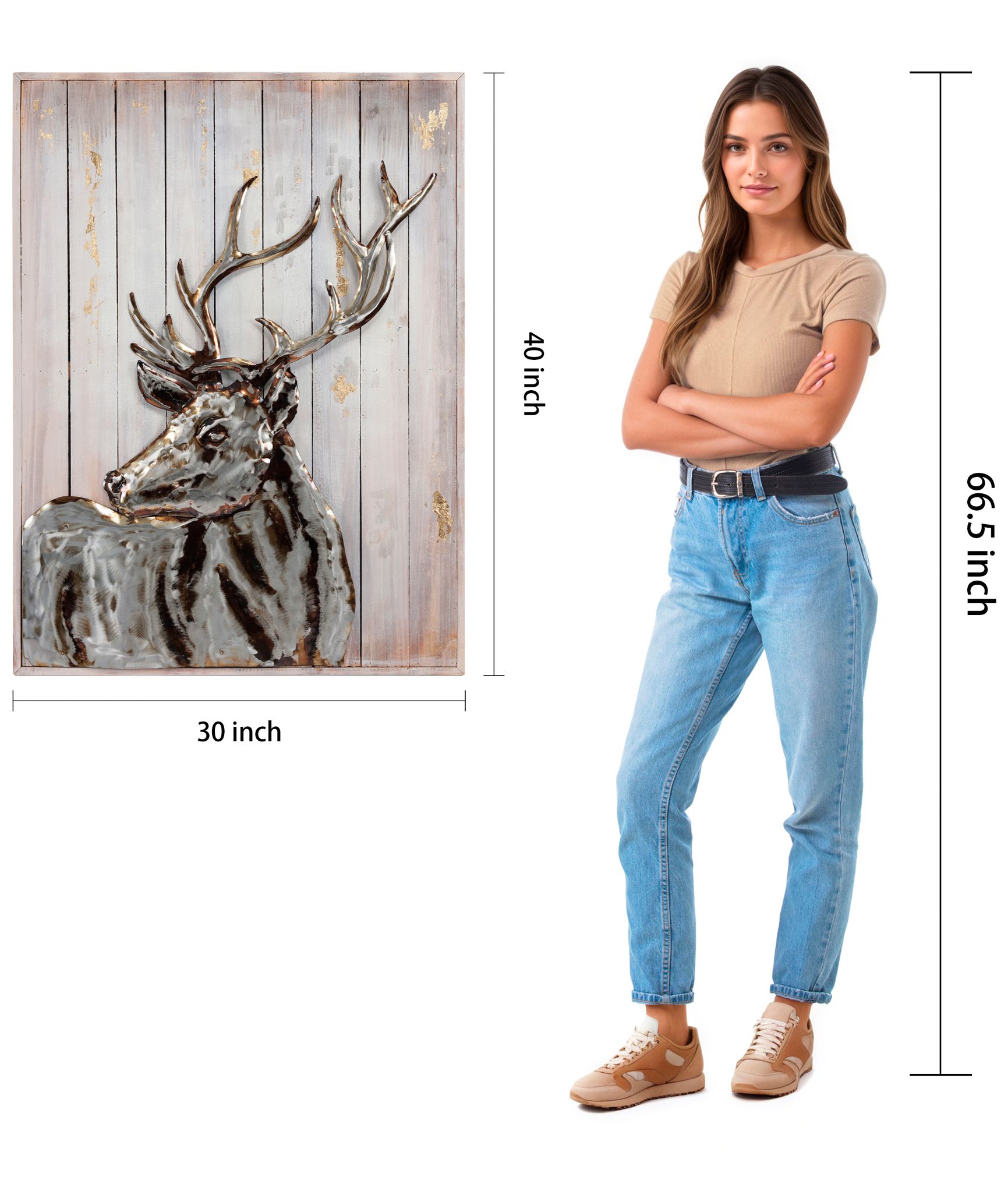 Deer 2 40" High Iron Wall Sculpture on Wooden Wall Art