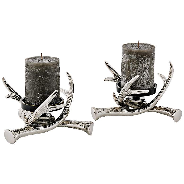 Image 1 Deer Antler Polished Nickel Pillar Candle Holder Set of 2