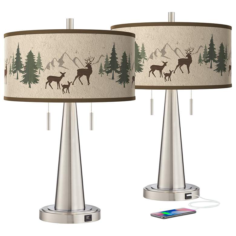 Image 2 Deer Lodge Vicki Brushed Nickel USB Table Lamps Set of 2