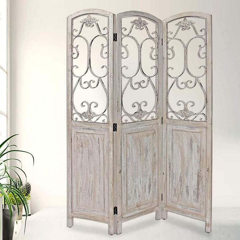 Image 1 Del Rio 48"W Washed Beige Wood 3-Panel Screen/Room Divider