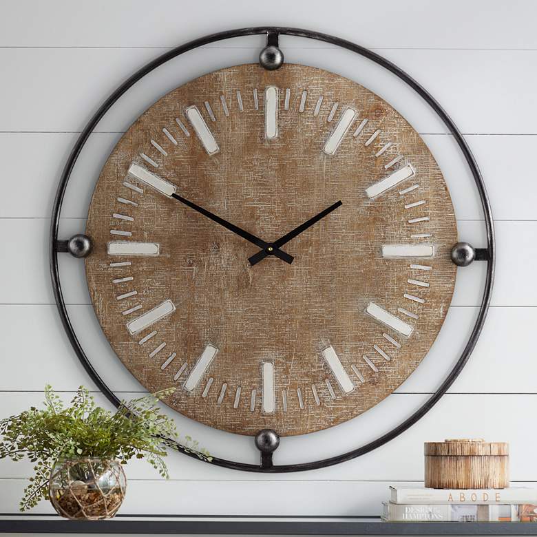 Image 1 Delaney Matte Black and Brown 28 1/4" Round Wall Clock