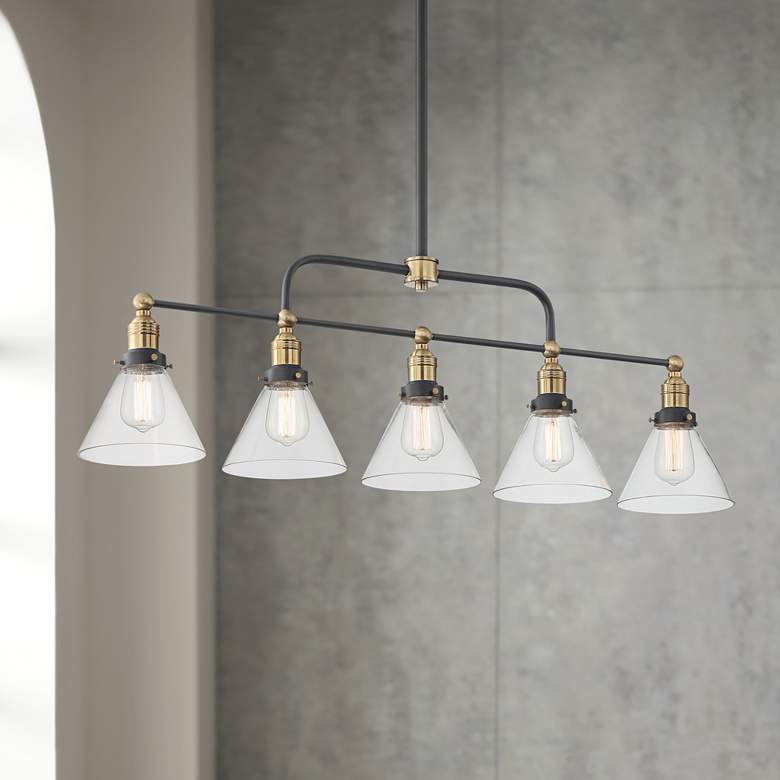 Image 1 Delano 42"W Antique Brass and Black 5-Light Island Pendant
