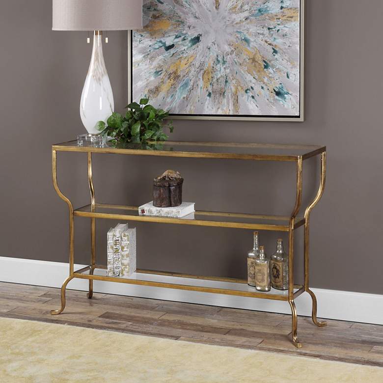 Image 1 Deline 54 1/4" Wide Antiqued Gold 2-Shelf Console Table
