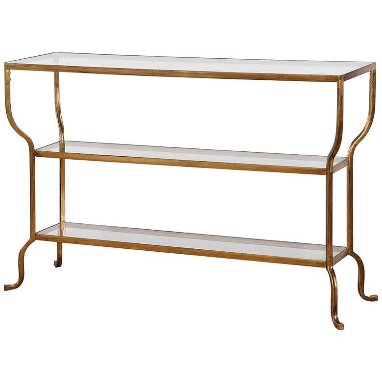 Image 3 Deline 54 1/4" Wide Antiqued Gold 2-Shelf Console Table more views