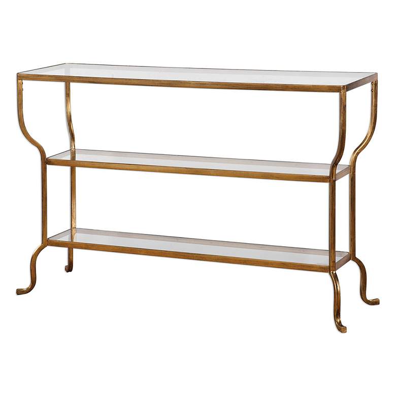 Image 3 Deline 54 1/4" Wide Antiqued Gold 2-Shelf Console Table more views