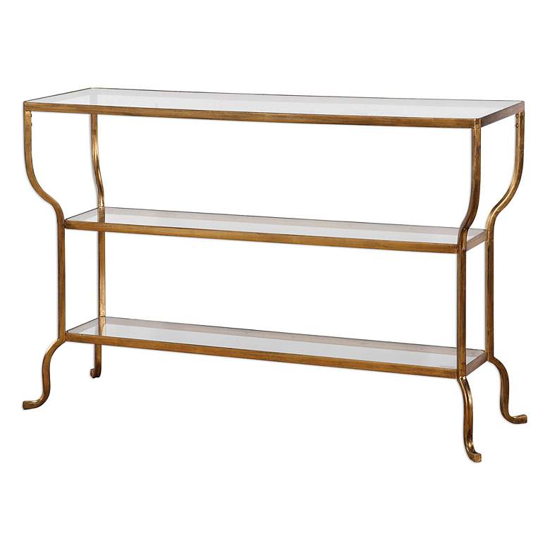 Image 3 Deline 54 1/4 inch Wide Antiqued Gold 2-Shelf Console Table more views