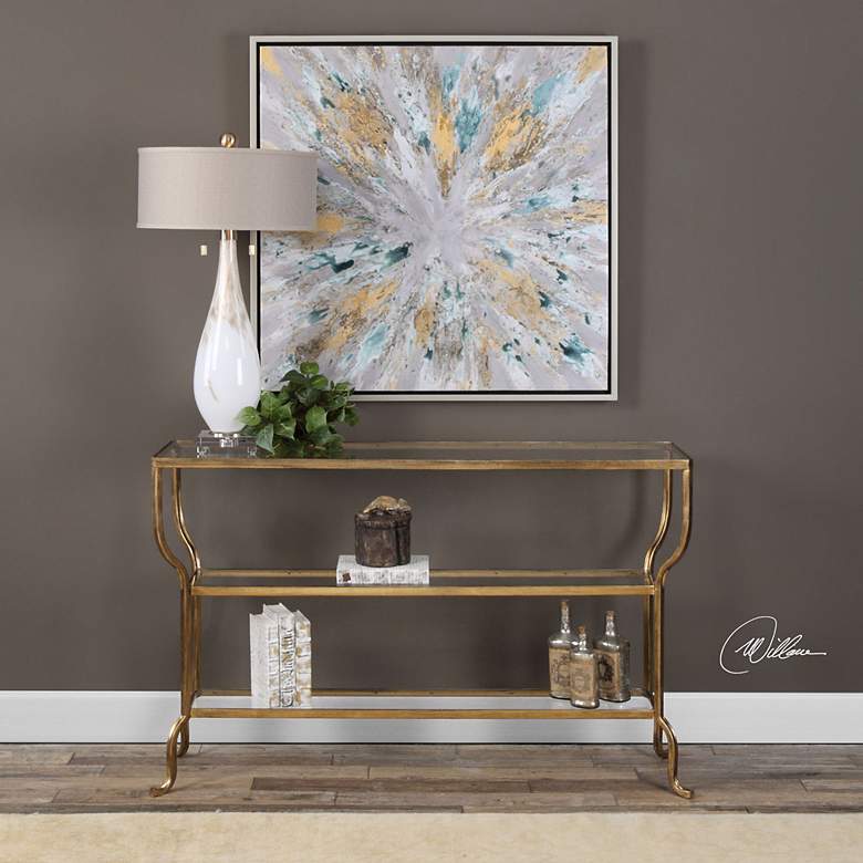 Image 5 Deline 54 1/4" Wide Antiqued Gold 2-Shelf Console Table more views