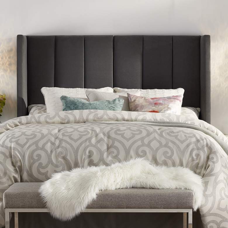 Image 1 Delway Channel Tufted Gray Velvet Queen Hanging Headboard