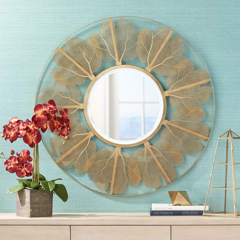 Image 1 Delya Gold Leaf Metal 34 inch Round Wall Mirror