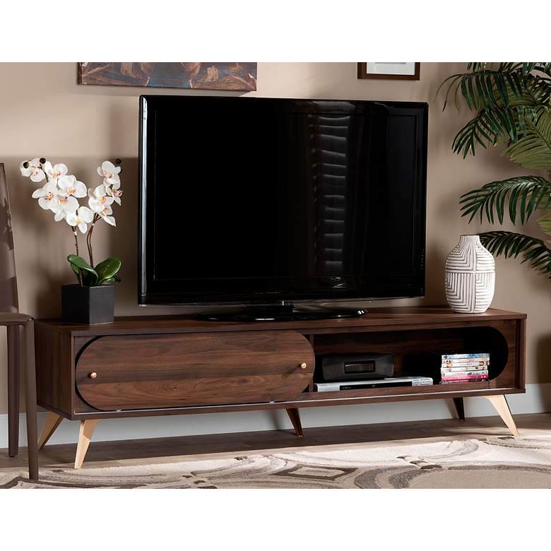 Image 1 Dena 63 inch Wide Walnut Brown Wood 4-Shelf TV Stand