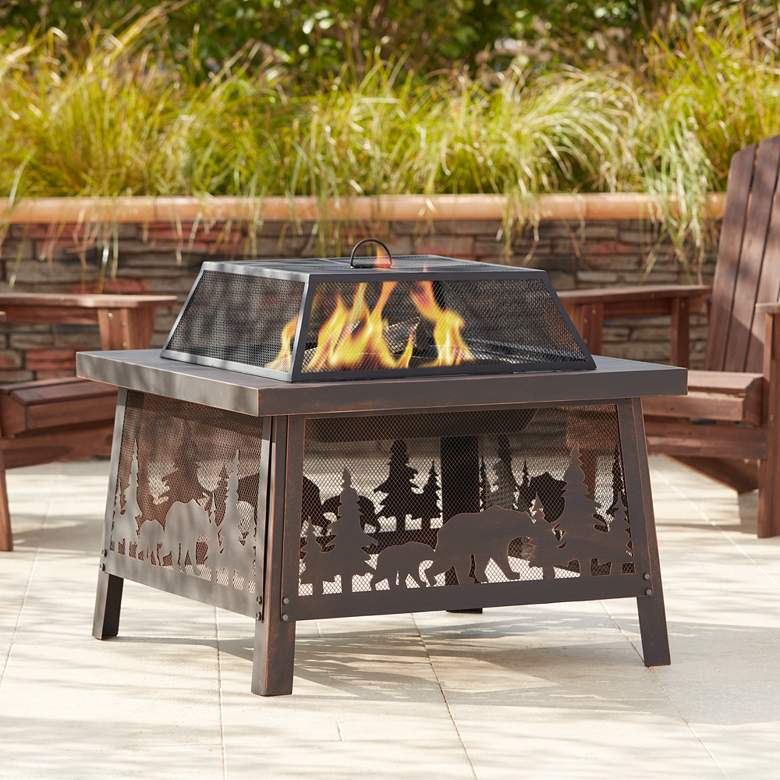 Image 1 Denali 35" Wide Bronze Forest Bears Square Wood Burning Fire Pit