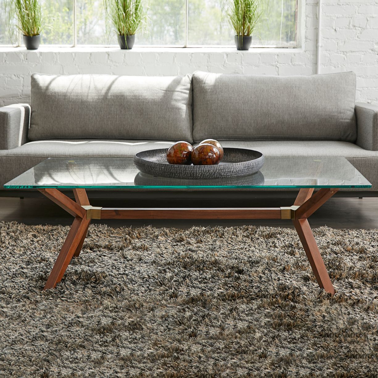 walnut wood and glass coffee table