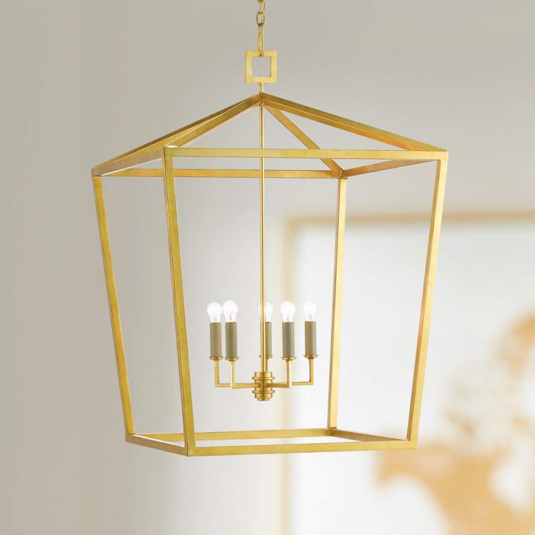 Image 1 Denison 32 inchW 5-Light Gold Leaf Lantern Pendant Chandelier