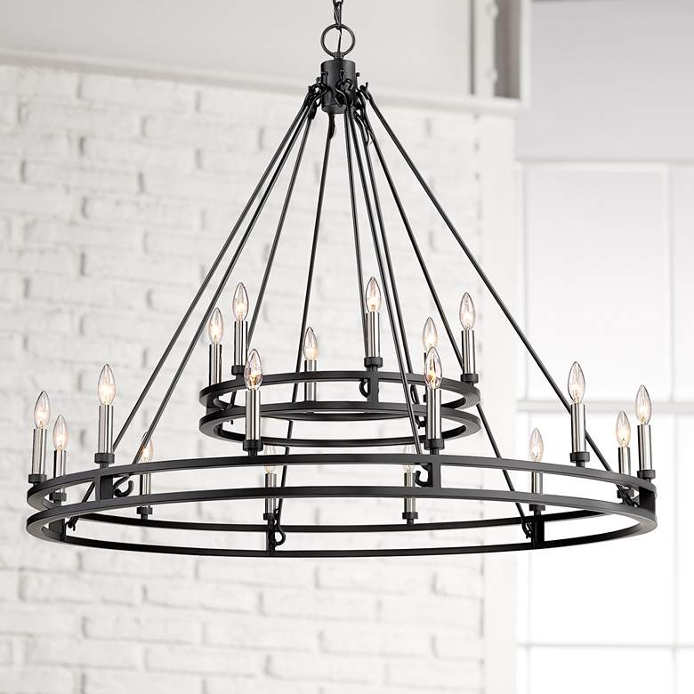 Image 1 Dennison 47 3/4 inch Wide 18-Light Matte Black Double Ring Chandelier