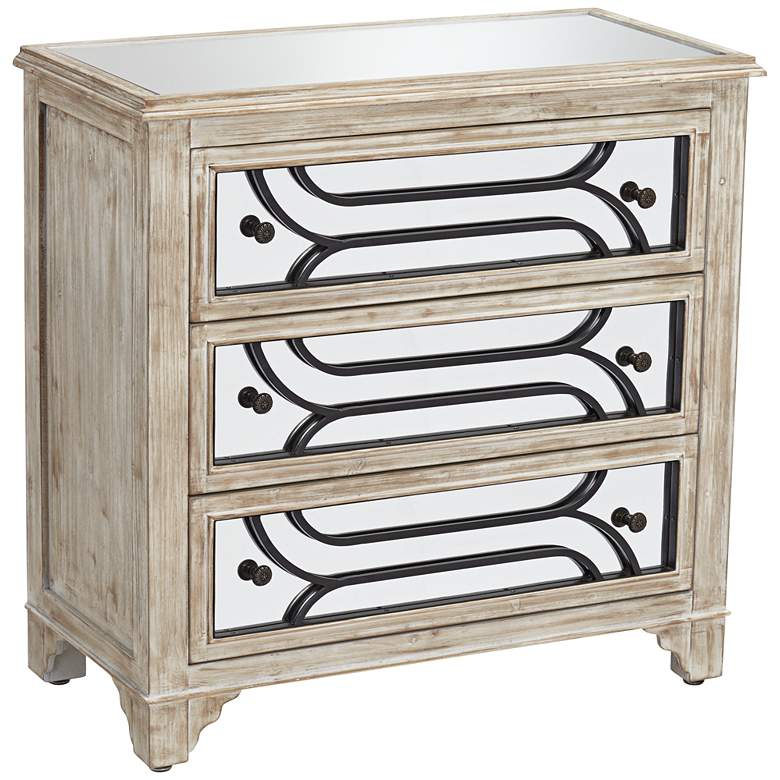 Image 1 Deny Whitewashed Wooden Mirrored 3-Drawer Cabinet