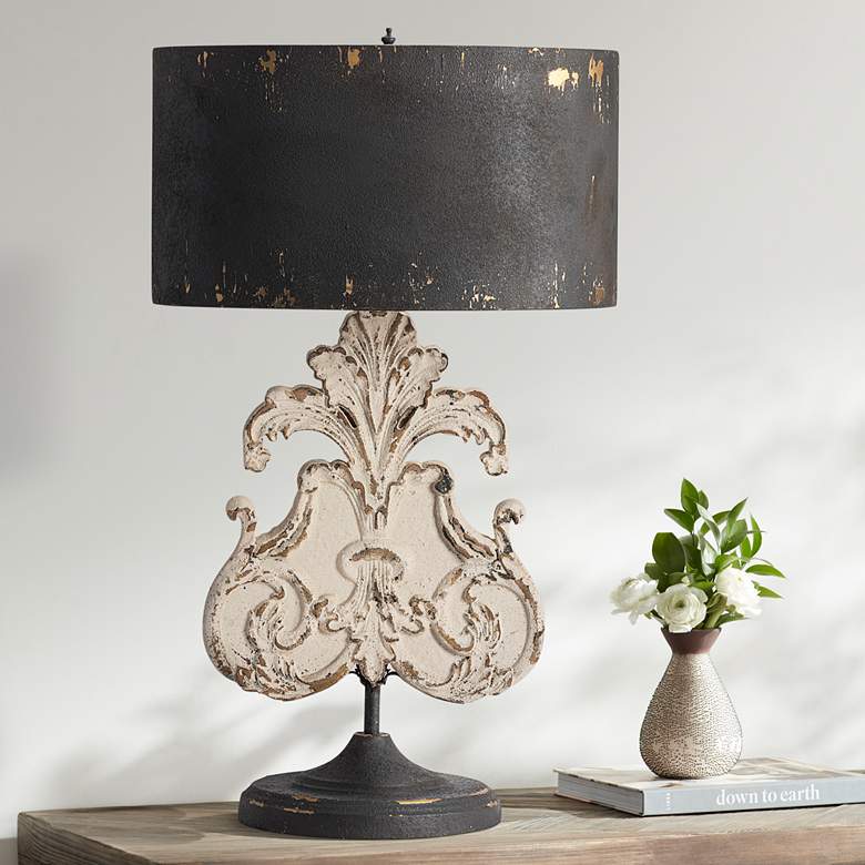 Image 1 DePosh Distressed Cream and Black Wood Table Lamp with Oval Black Shade