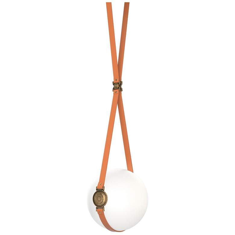 Image 1 Derby 10.9 inchW Brass Accented LED Pendant w/ Chestnut Straps and Opal Sh