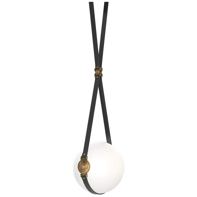 Image 1 Derby 10.9 inchW Brass Branded Plate LED Pendant w/ Black Straps and Opal 