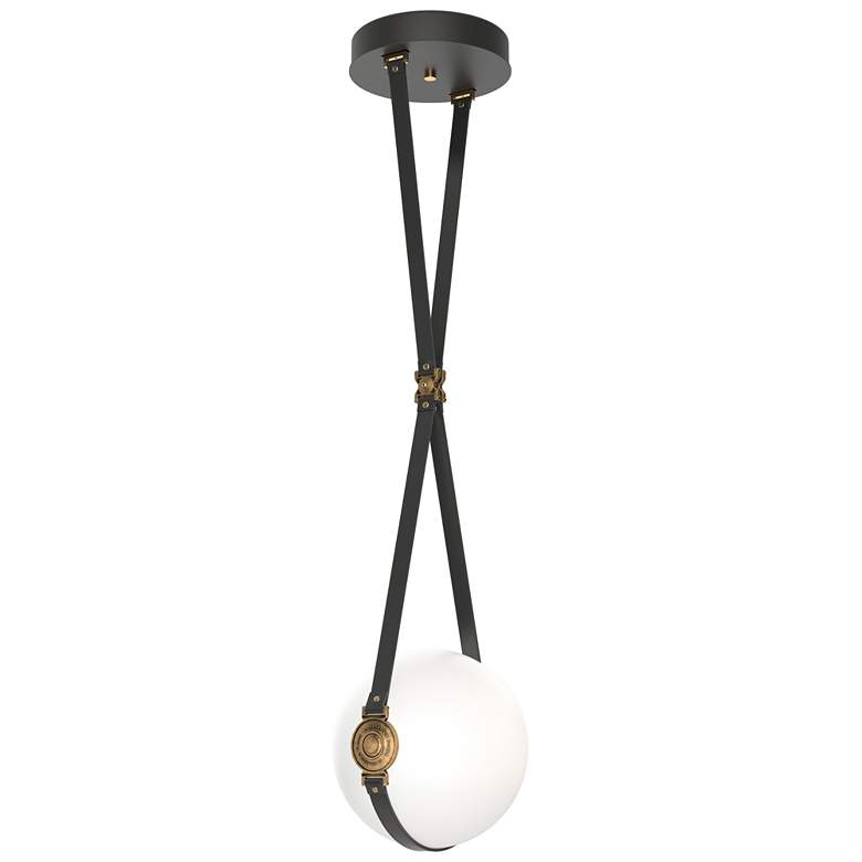 Image 1 Derby 10.9"W Brass Branded Plate LED Pendant w/ Black Straps and Opal