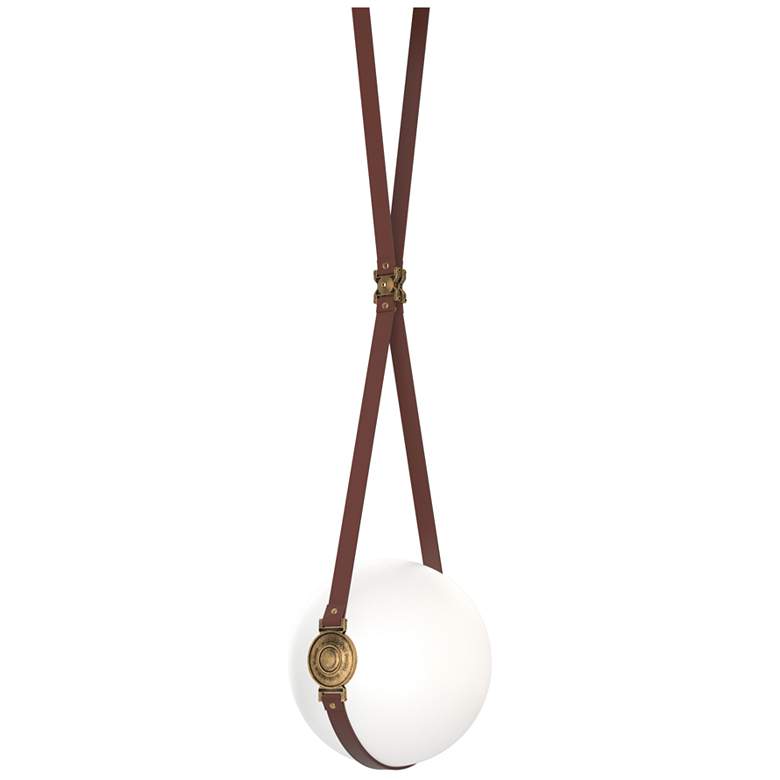 Image 1 Derby 10.9"W Brass Branded Plate LED Pendant w/ Brown Straps and Opal