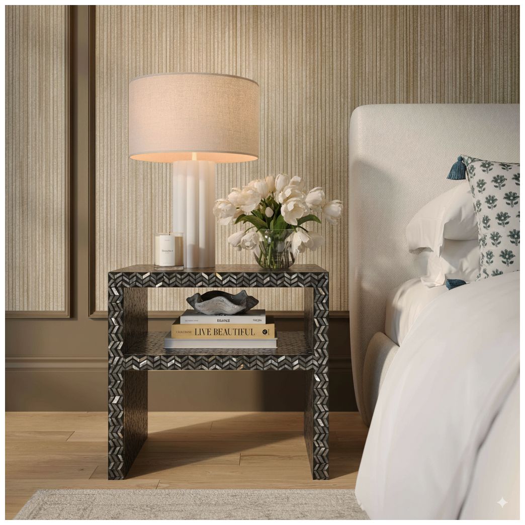 Image 2 Derry Black Mother of Pearl Nightstand more views