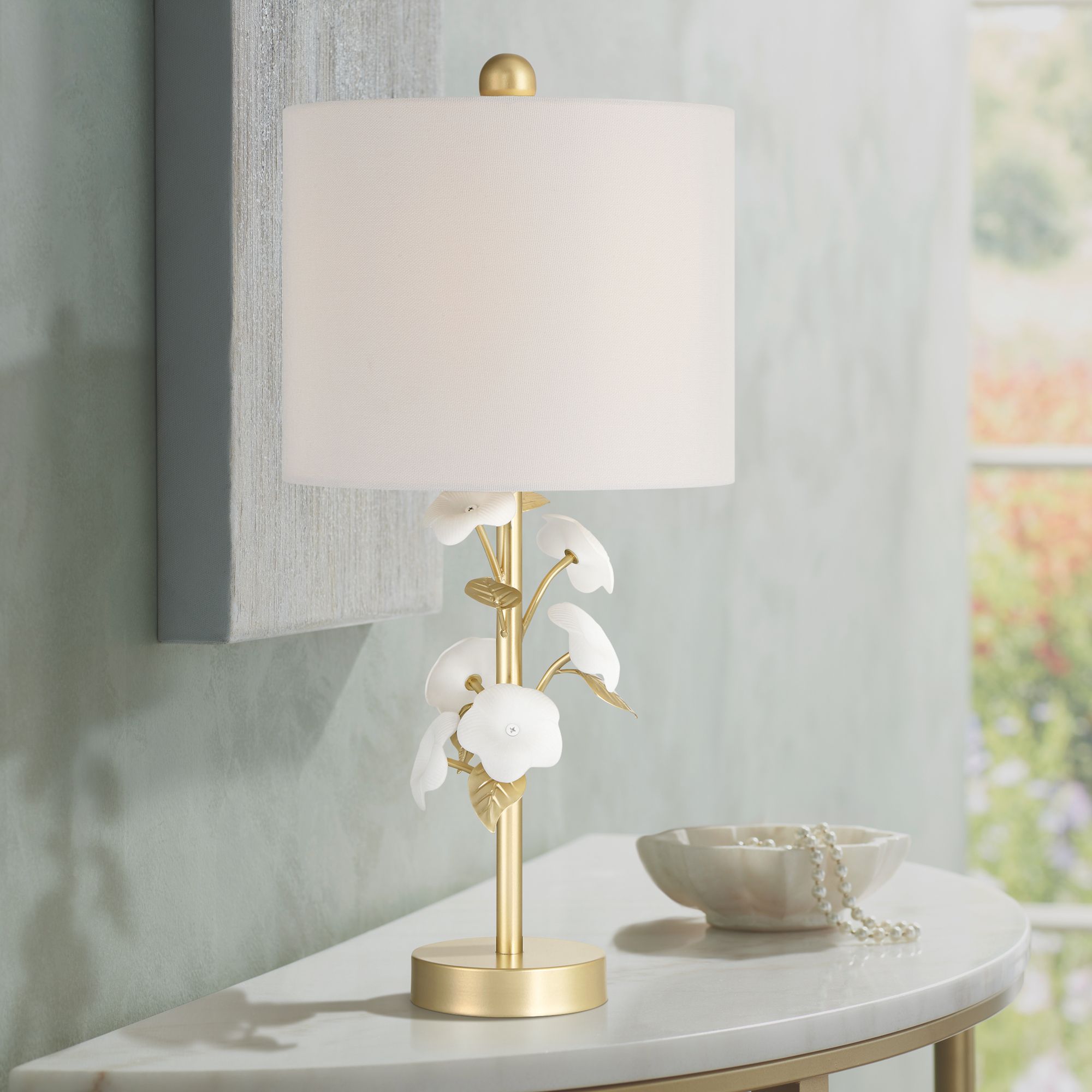 Descanso 21"H Gold and White Flower Table Lamp Set of 2 with Dimmer in scene
