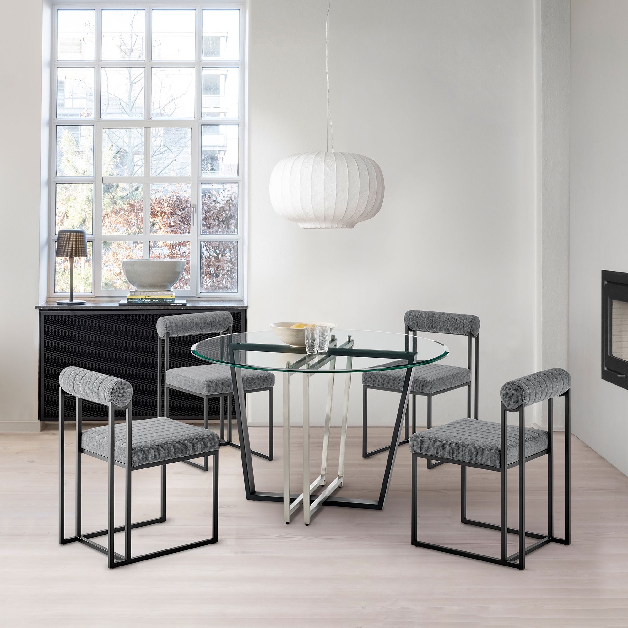 Devi 48 in. Round Dining Table in Stainless Steel, Black Iron, Glass