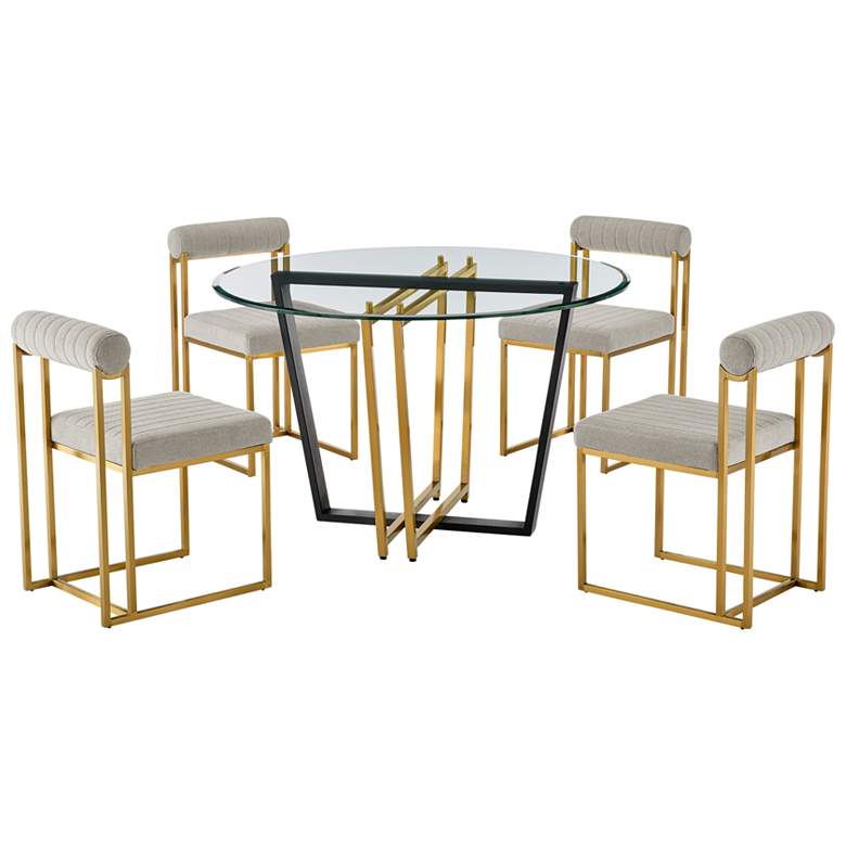 Image 1 Devi Anastasia 5 Pc Glass Dining Table Set in Stainless Steel, Taupe Fabric
