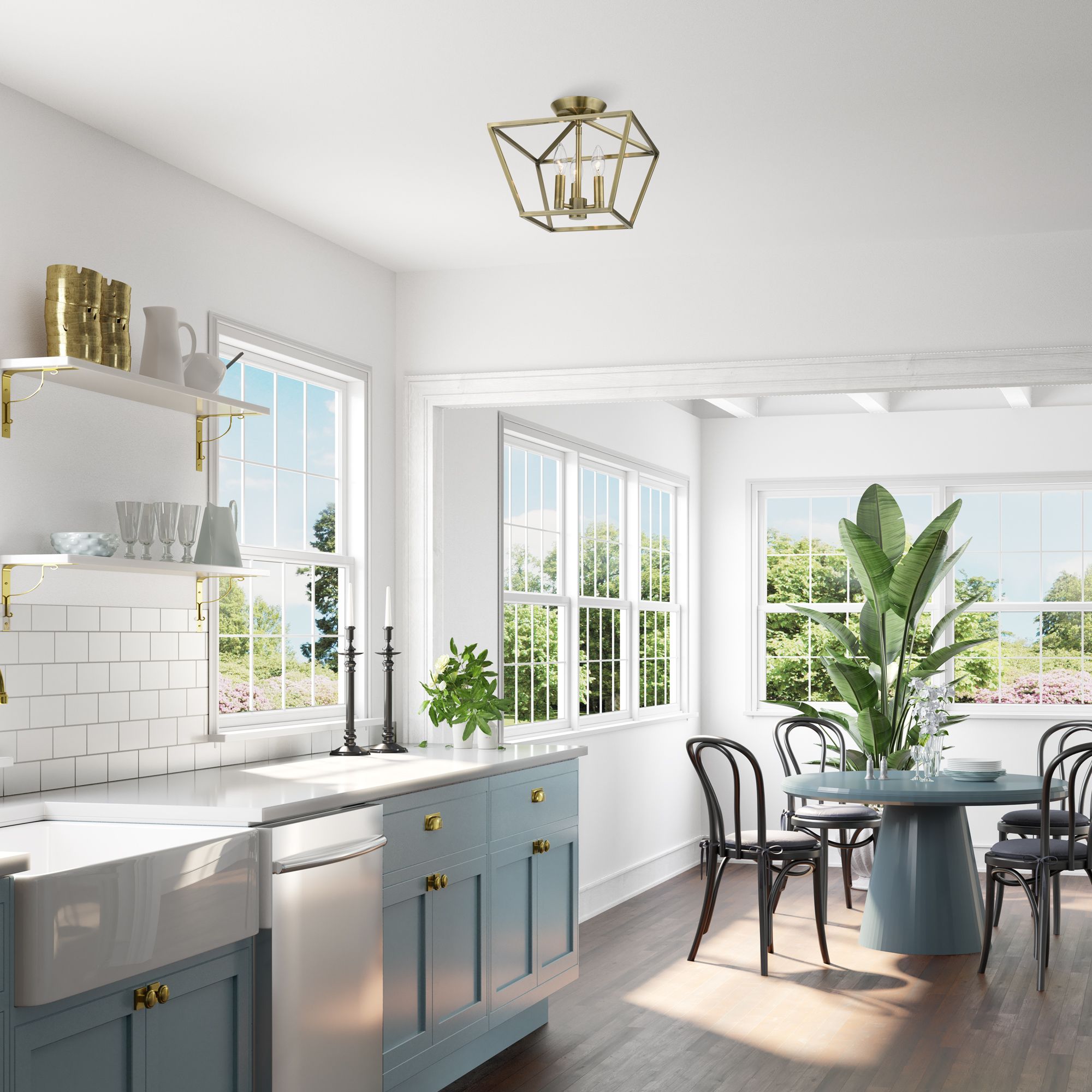 Devone 3 Light Antique Brass Square Semi-Flush