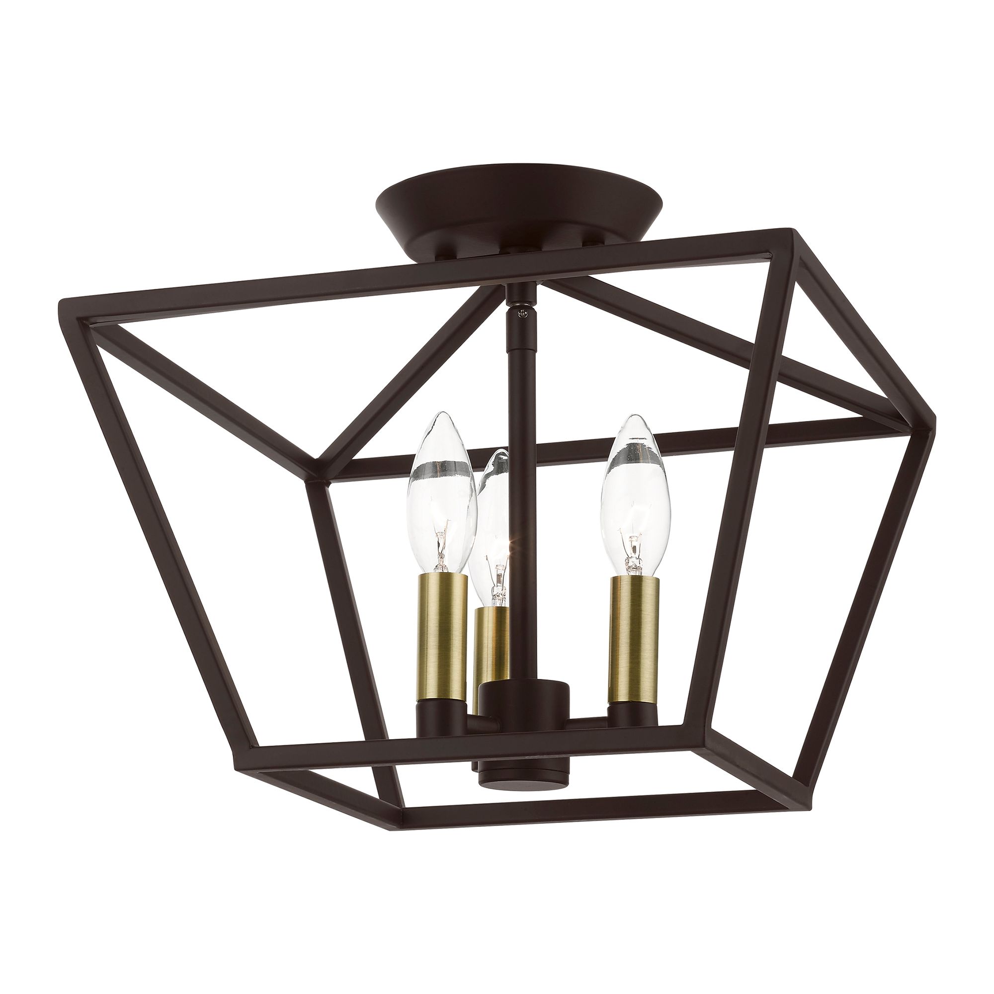 Devone 3 Light Bronze Square Semi-Flush with Antique Brass Accents
