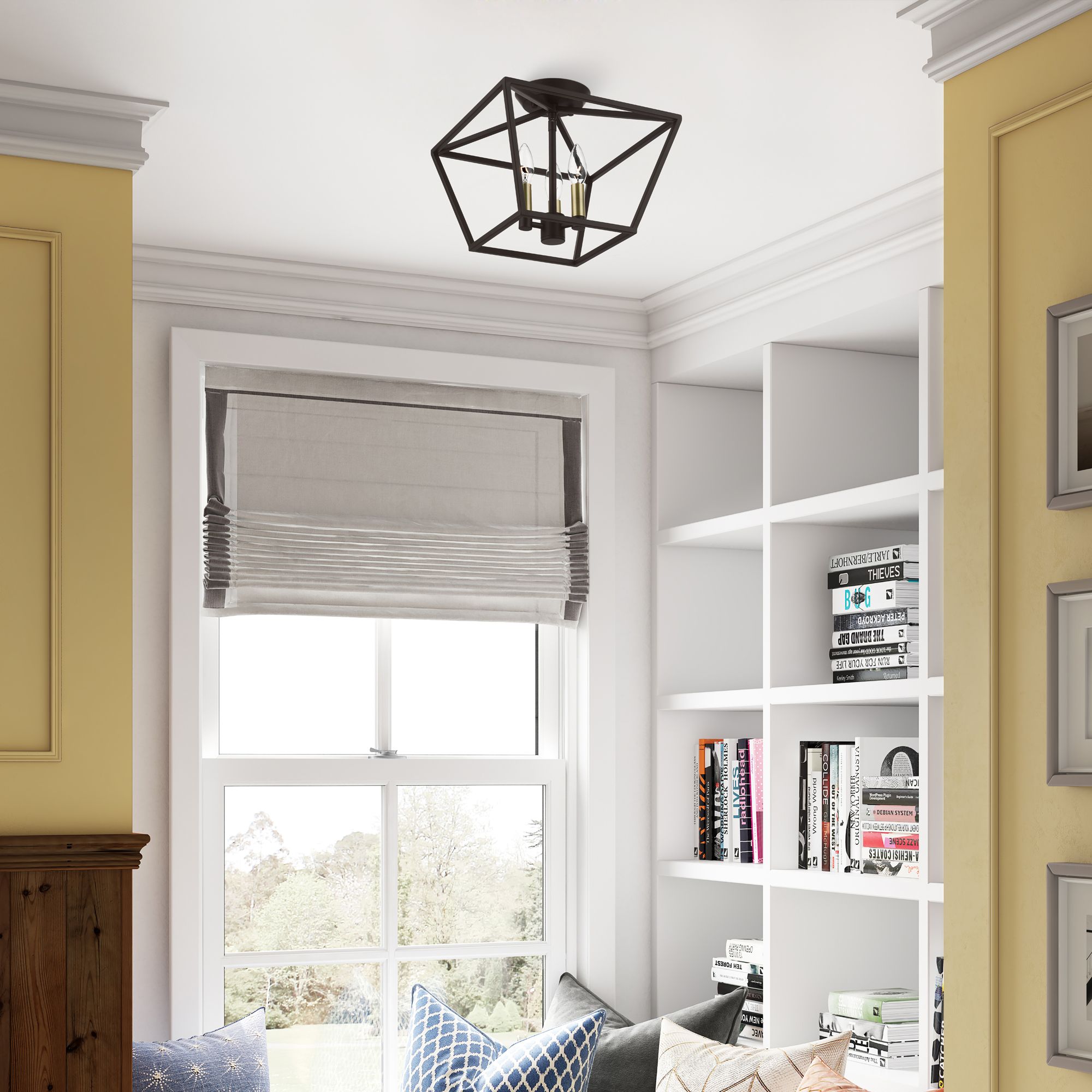 Devone 3 Light Bronze Square Semi-Flush with Antique Brass Accents