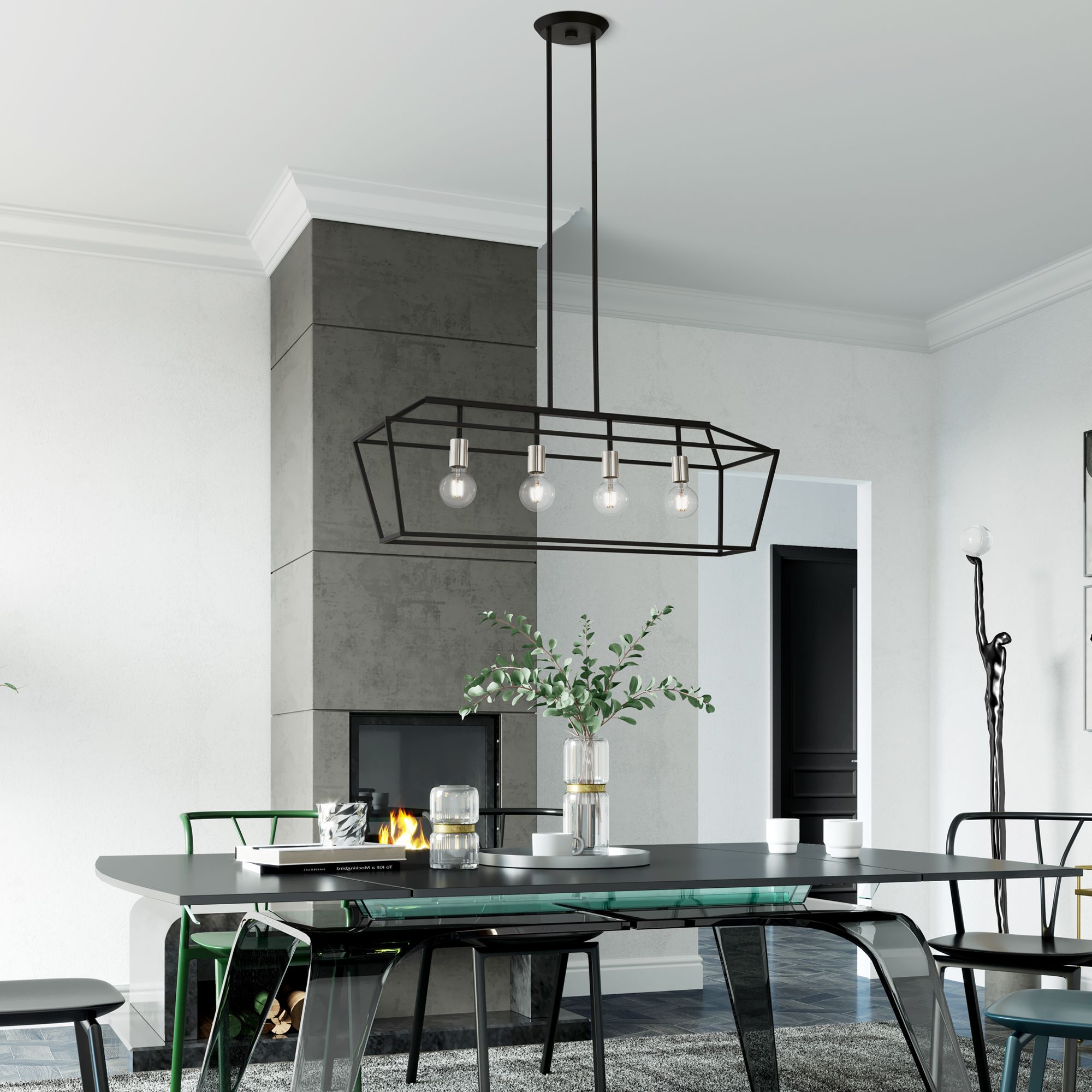 Devone 4 Light Black Linear Chandelier with Brushed Nickel Accents