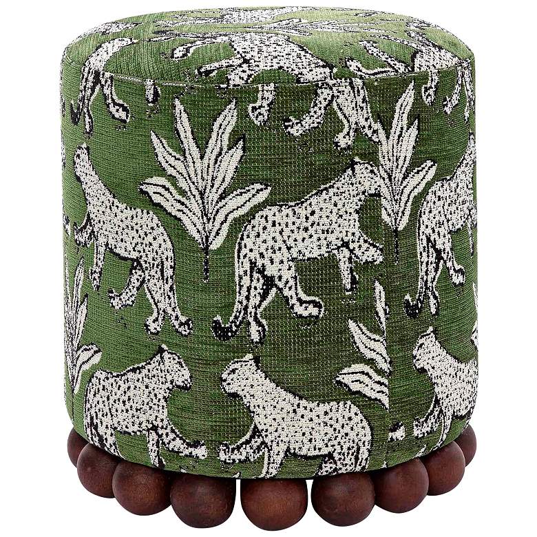 Image 1 Dex Olive Green Leopard Jacquard Fabric Round Ottoman