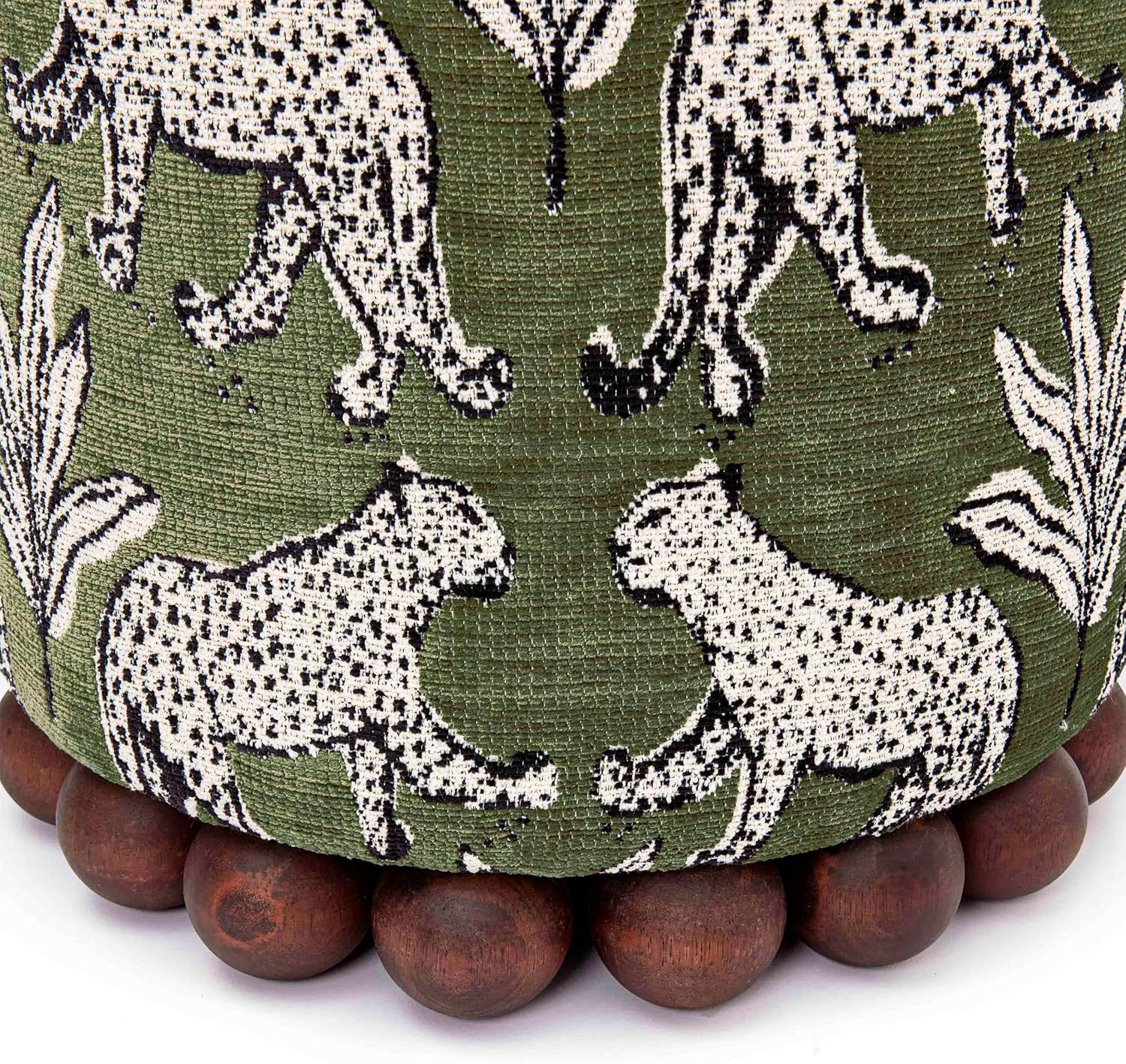 Image 3 Dex Olive Green Leopard Jacquard Fabric Round Ottoman more views
