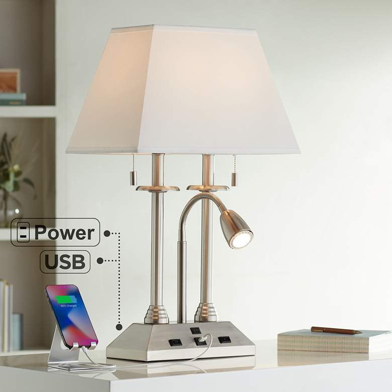 Dexter Nickel Finish Desk Lamp with USB Port and Outlets