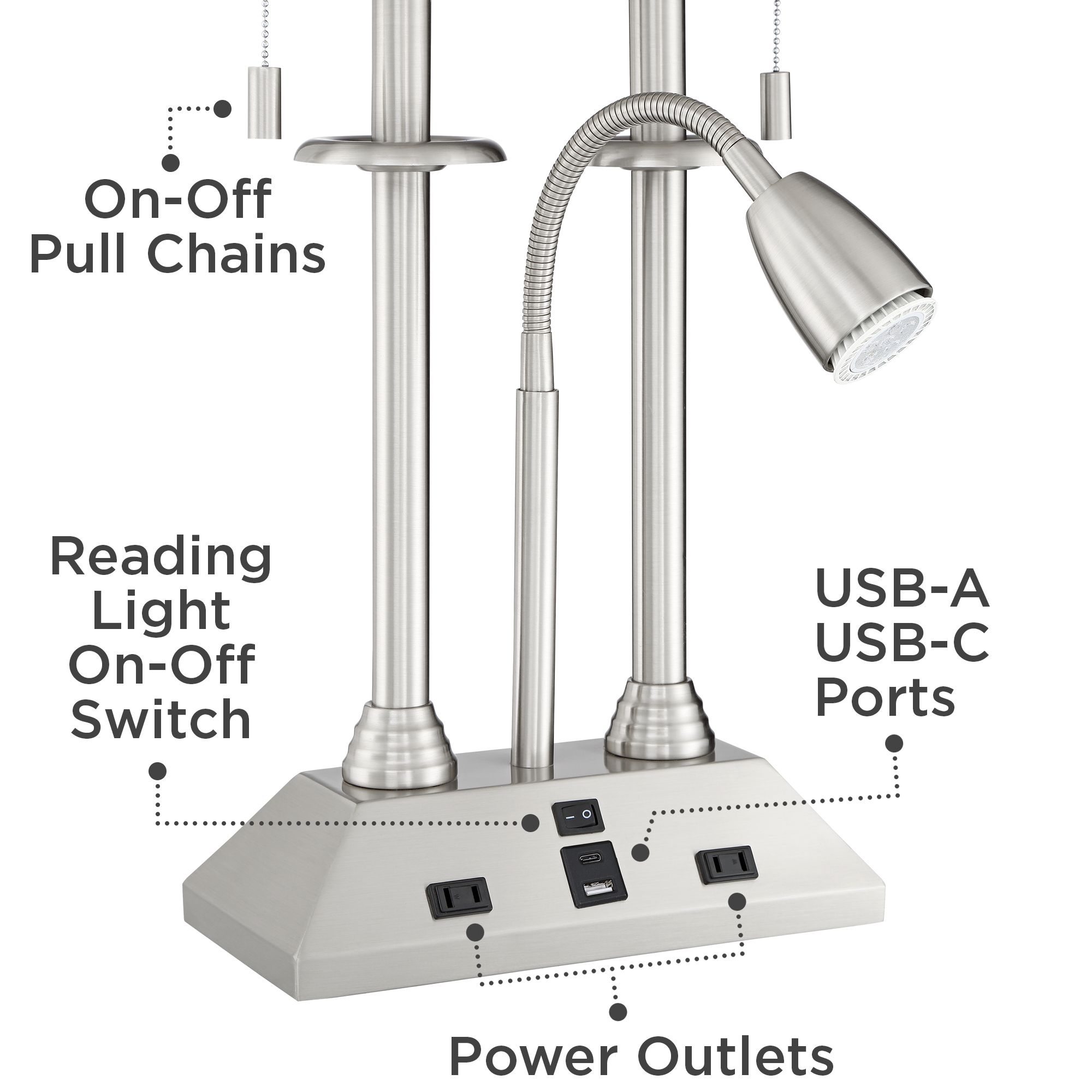 Dexter Nickel Finish Desk Lamp with USB Port and Outlets 56F78