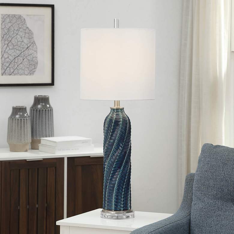 Image 1 Diagonal 34 1/2" Modern Textured Turquoise Blue Ceramic Table Lamp
