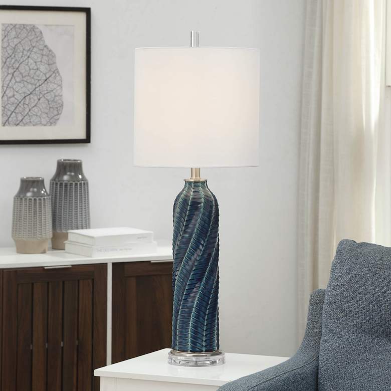 Image 1 Diagonal Textured Glossy Turquoise Blue Ceramic Table Lamp