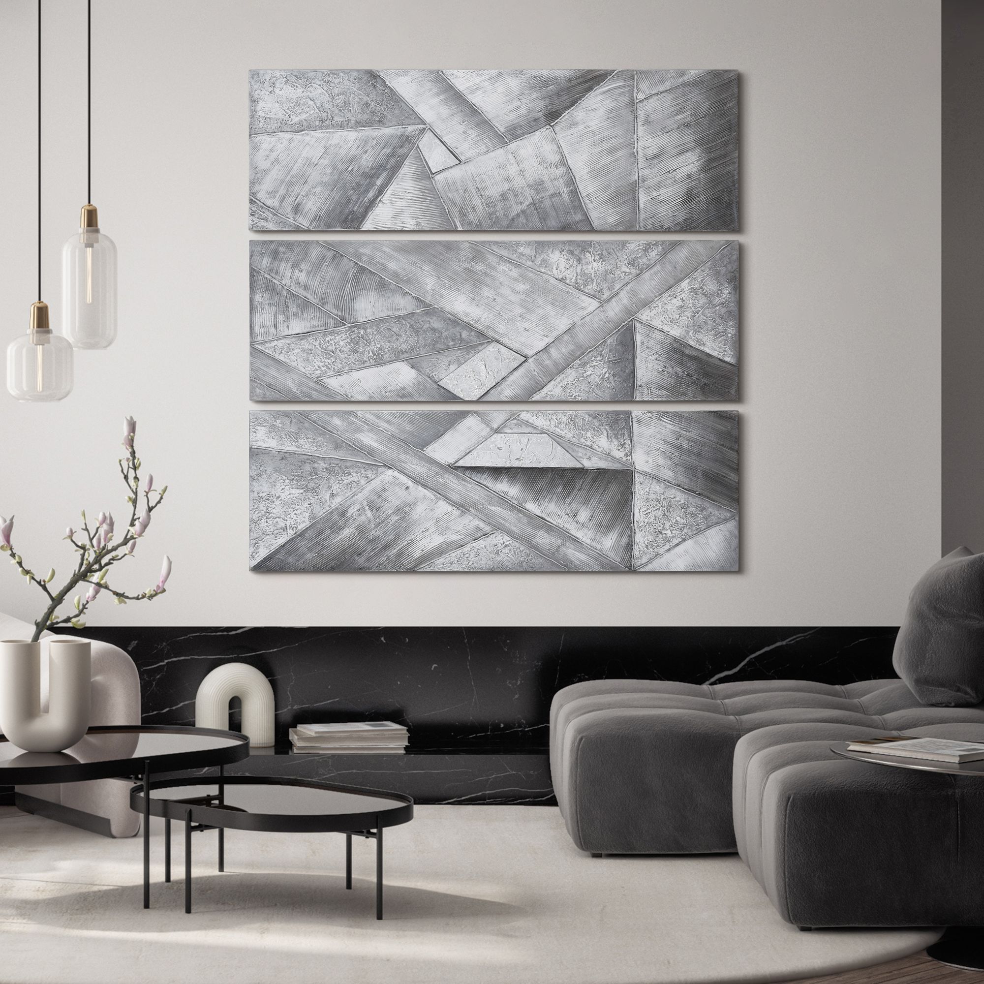 Diamonds 60"H Textured Metallic 3-Piece Canvas Wall Art Set in scene
